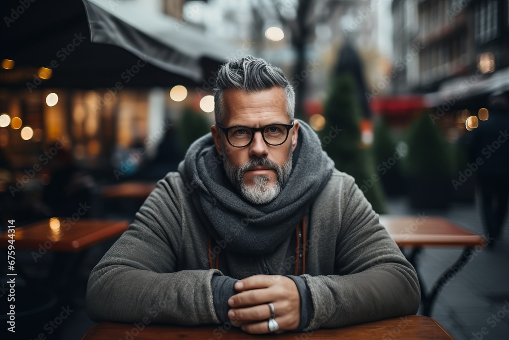 Portrait of a senior man with gray beard and glasses sitting in a cafe on the street. Portrait of a senior man with gray beard and glasses sitting in a cafe on the street.
