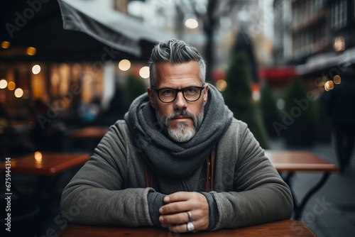 Portrait of a senior man with gray beard and glasses sitting in a cafe on the street.