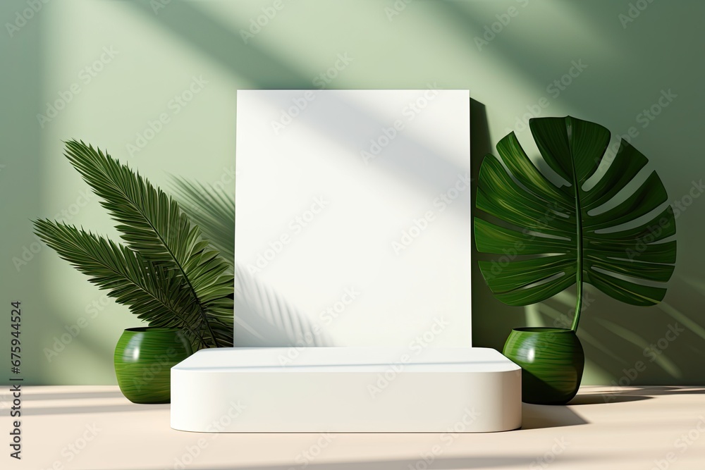 Sleek white square podium designed for showcasing cosmetic products, set against a leaf shadowed backdrop, offering an elegant and natural presentation platform