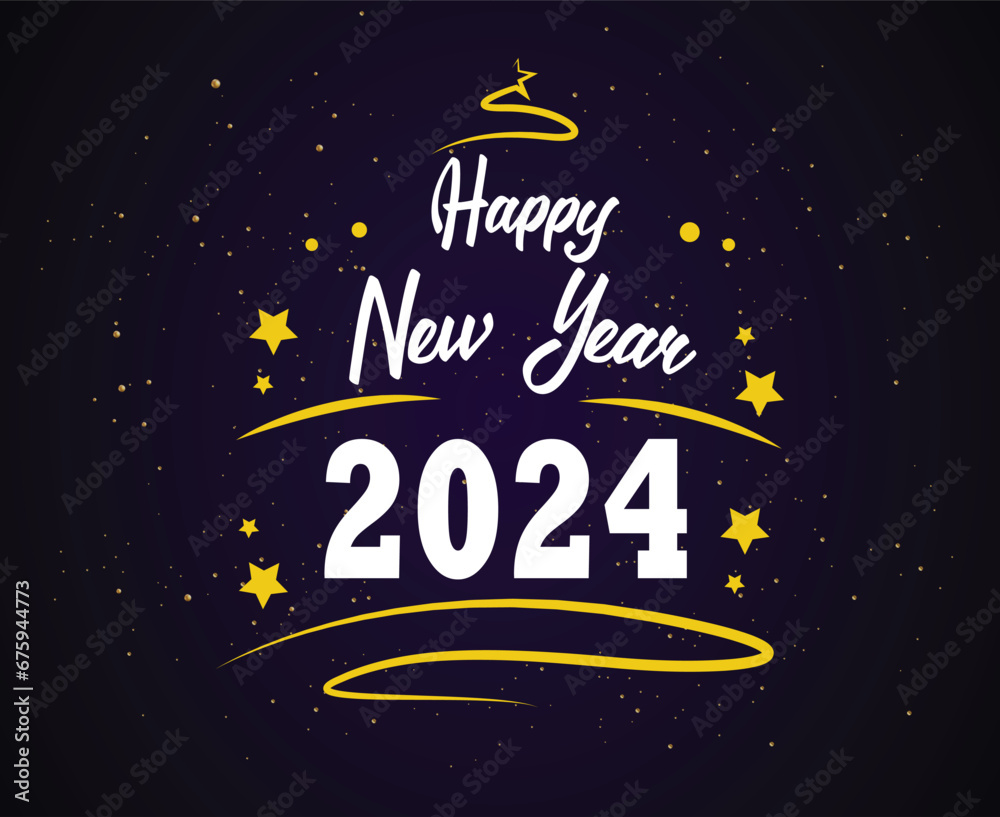 2024 Happy New Year Holiday Design Yellow And White Abstract Vector Logo Symbol Illustration With Purple Background