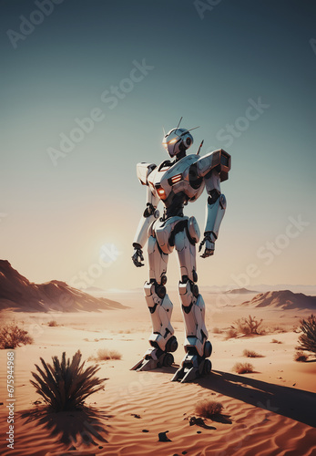 moderno robot meccanico in piedi nel deserto al tramonto, sguardo rivolto lontano photo