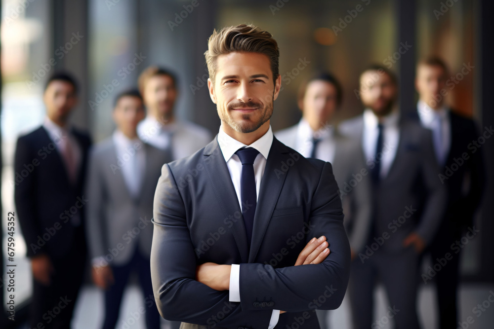 Portrait of a businessman standing in front of his team. Concept of teamwork, collaboration and excellent leader Portrait of a businessman standing in front of his team. Concept of teamwork, collaboration and excellent leader