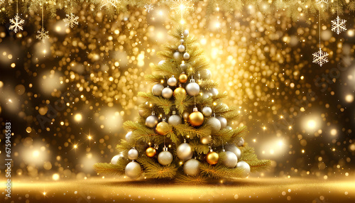 Gold sparkling christmas background with big and luxurious Christmas tree and snowflakes