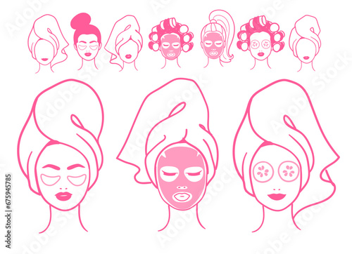 Vector illustration collection of female portraits with facial masks wrapped with hair towel in pink color