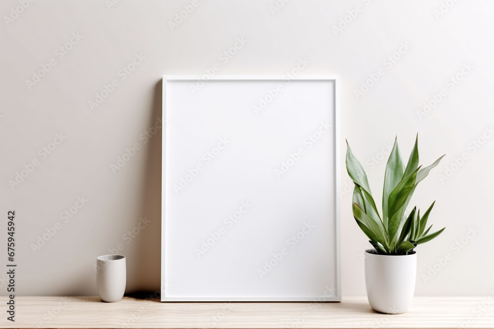 An empty picture frame, plant in a pot, with the background of white wall An empty picture frame, plant in a pot, with the background of white wall