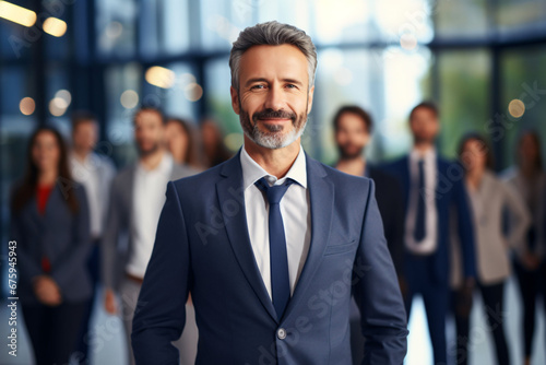 Portrait of a businessman standing in front of his team. Concept of teamwork, collaboration and excellent leader