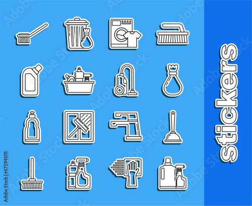 Set line Plastic bottles for liquid dishwashing liquid, Toilet plunger, Garbage bag, Washer and t-shirt, brush and Vacuum cleaner icon. Vector