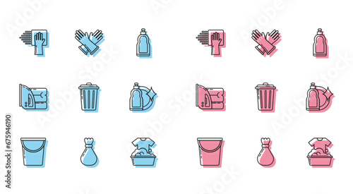 Set line Bucket, Garbage bag, Cleaning service, Plastic basin with soap suds, Trash can, bottles for liquid dishwashing liquid, Electric iron and towel and Rubber gloves icon. Vector