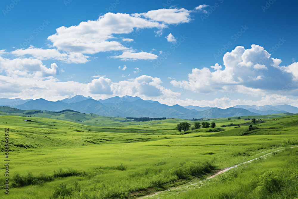 Landscape of green field, mountains and blue sky Landscape of green field, mountains and blue sky