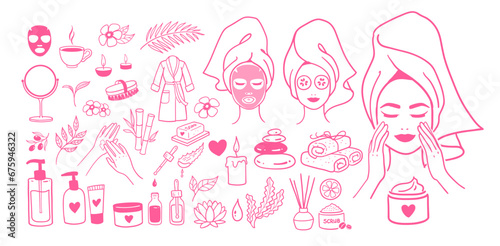 Spa salon and skin care accessorises. Vector isolated illustrations doodles set in pink colors