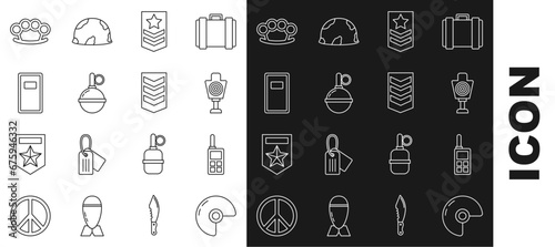 Set line Military helmet, Walkie talkie, Human target sport for shooting, Chevron, Hand grenade, Police assault shield, Brass knuckles and rank icon. Vector