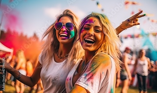 Two Friends Embracing and Enjoying a Vibrant Festival Atmosphere