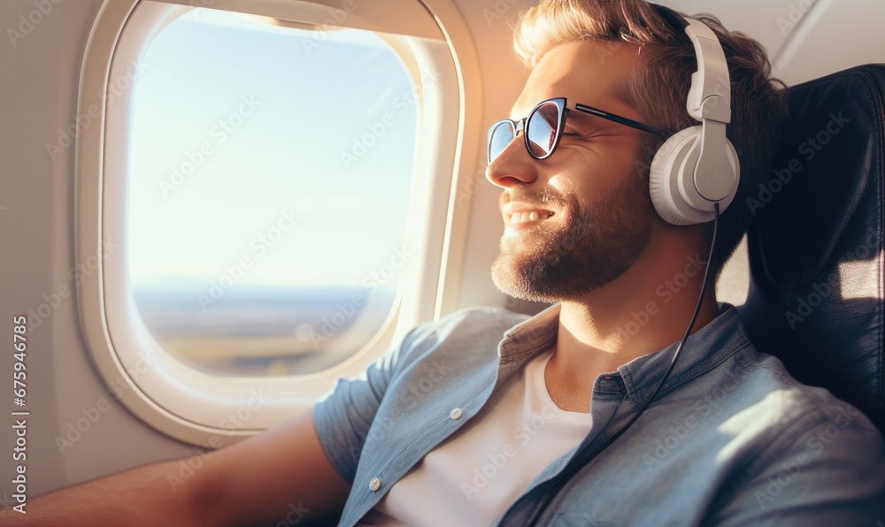 Man Enjoying Music on Airplane Flight Man Enjoying Music on Airplane Flight