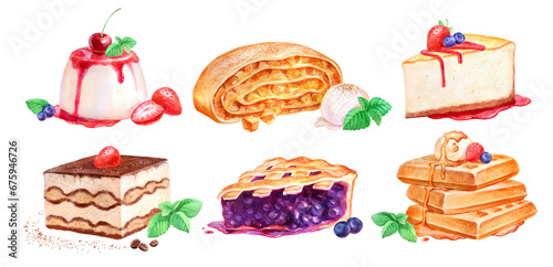 Hand painted watercolor illustrations collection of Desserts and Cakes
