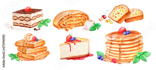 Hand painted watercolor illustration set of Desserts and Cakes