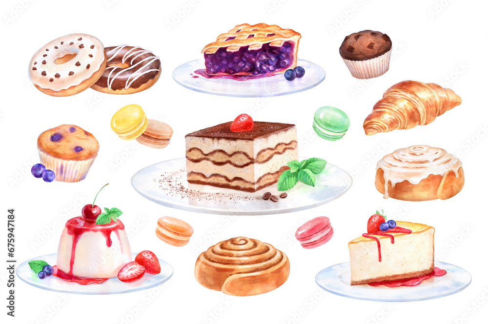 Hand painted watercolor illustration set of Desserts and bakery Hand painted watercolor illustration set of Desserts and bakery
