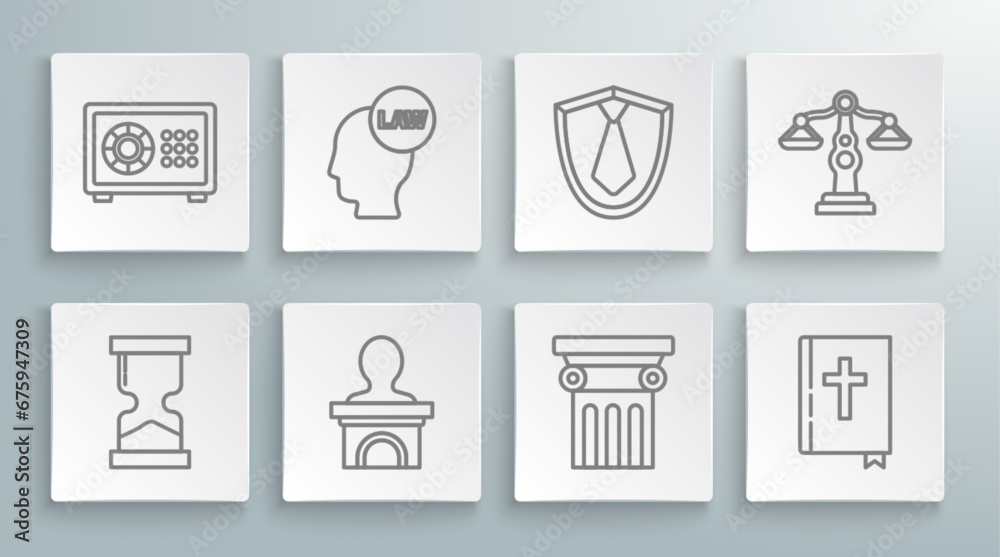 Set line Old hourglass, Head with law, Stage stand or debate podium rostrum, Law pillar, Holy bible book, Tie, Scales of justice and Safe icon. Vector