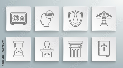 Set line Old hourglass, Head with law, Stage stand or debate podium rostrum, Law pillar, Holy bible book, Tie, Scales of justice and Safe icon. Vector
