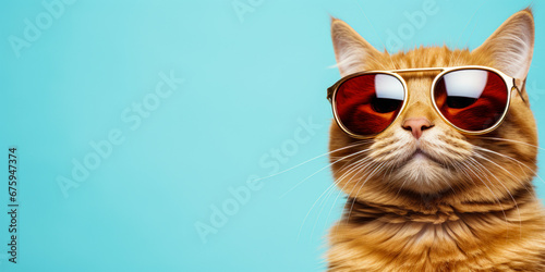 Closeup portrait of funny ginger cat wearing sunglasses isolated on light cyan. background with copyspace