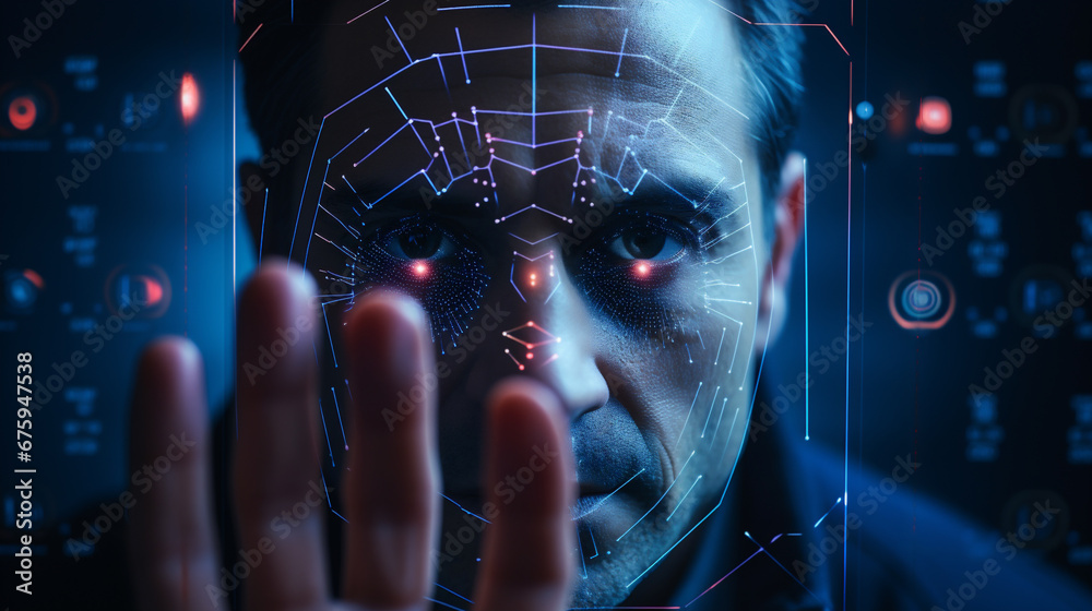 Close up of man with futuristic face recognition concept.  - obrazy, fototapety, plakaty 