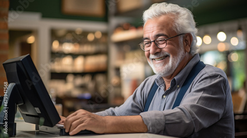 Portrait of senior man using computer in coffee shop. Cheerful mature man working on computer at cafe. photo