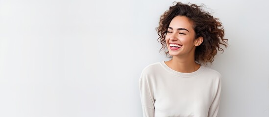 A woman with braces stands against a white wall smiling happily as people in the background admire her fashion sense and appreciate her beauty in a space isolated for medical health