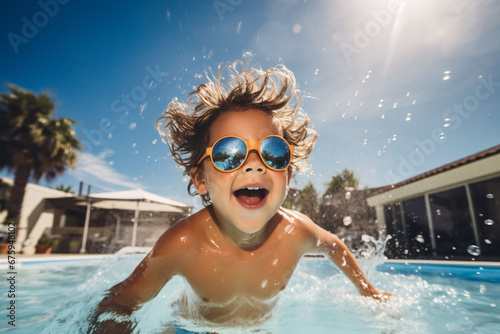 A boy swimming happily in a swimming pool