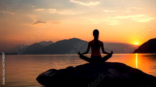 Tranquil Waterside Yoga at Sunrise/Sunset: Woman in Pose on Stone