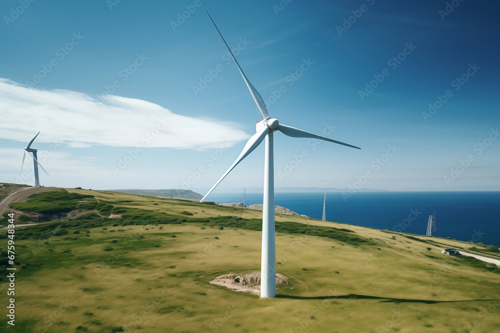 Wind turbines produce electricity that uses wind energy as clean energy. AI generate.