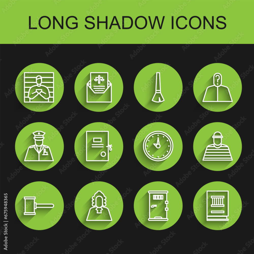 Set line Judge gavel, Suspect criminal, Prison cell door, Law book, Lawsuit paper, Prisoner and Clock icon. Vector Set line Judge gavel, Suspect criminal, Prison cell door, Law book, Lawsuit paper, Prisoner and Clock icon. Vector