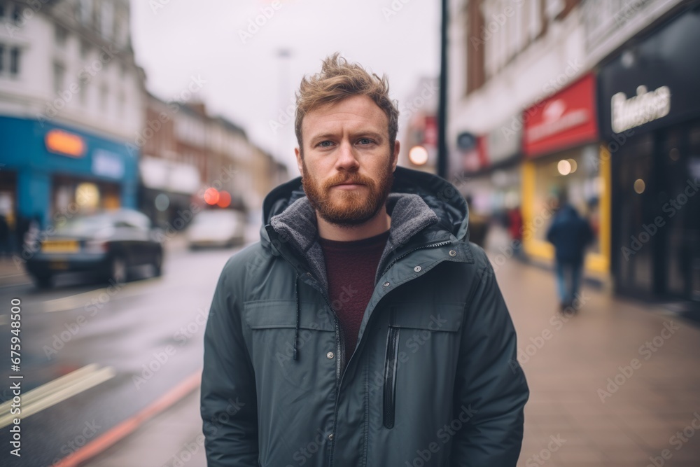 Portrait of a handsome young man with beard in the city.