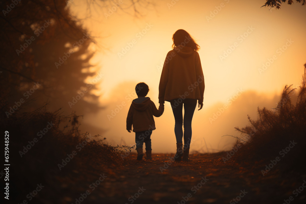 View from the back of a woman and a boy holding hands and walking together