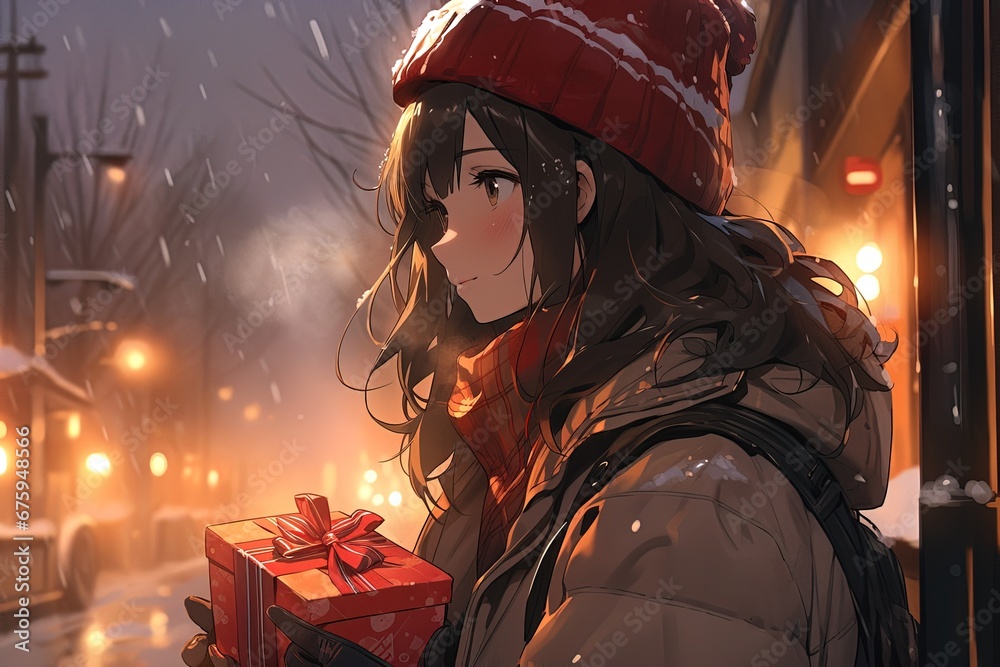 cute anime girl with black hair with a Christmas gift in her hands stands on an evening street in the snow cute anime girl with black hair with a Christmas gift in her hands stands on an evening street in the snow