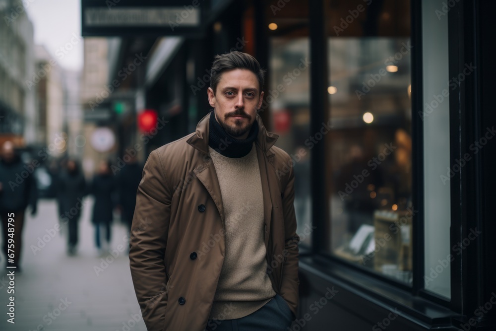 Handsome young man with beard and mustache, wearing brown coat, walking in the city. Handsome young man with beard and mustache, wearing brown coat, walking in the city.