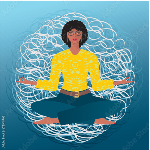 Woman, girl in yoga position trying to relax in messy surronding. Square composition. Vector illustration. 