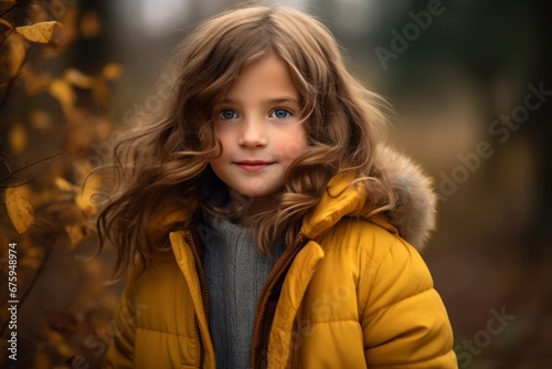 Portrait of a little girl in a yellow jacket in the autumn forest.