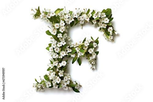 Letter F  formed with white flowers  isolated on white background.
