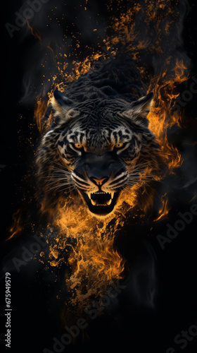 a black and gold effect background, abstract angry roaring lion surrounded by dust and flames