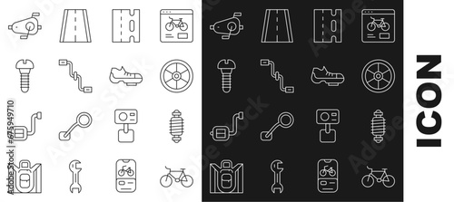 Set line Bicycle, suspension, wheel, lane, pedals, Metallic screw, and shoes icon. Vector
