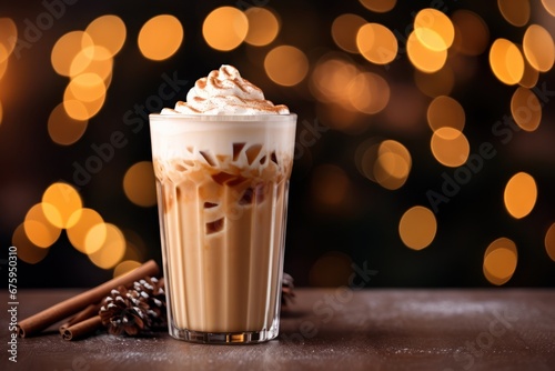 Coffee drink with whipped cream. bokeh. christmas backround