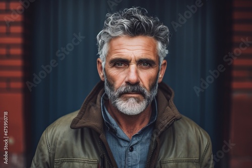 Portrait of a senior man with grey hair and beard in a leather jacket. © Nerea
