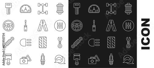 Set line Car service, Wrench spanner, Gear shifter, Chassis car, Screwdriver, Steering wheel, key with remote and battery jumper power cable icon. Vector
