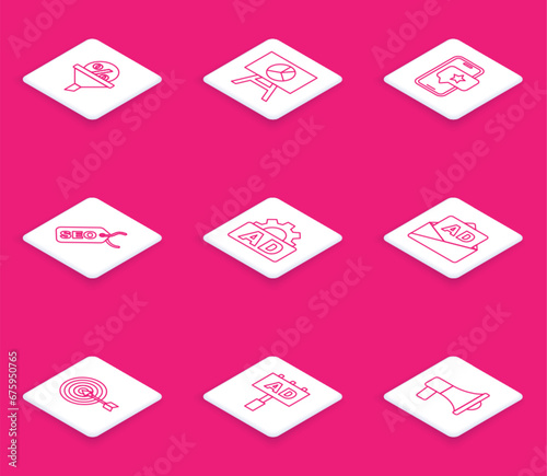 Set line Lead management, Board with graph chart, Mobile review rating, SEO optimization, Advertising, Target and icon. Vector