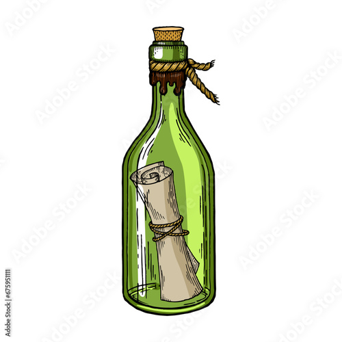 Message in a bottle engraving sketch style hand drawn color vector illustration. Scratch board style imitation. Hand drawn image.