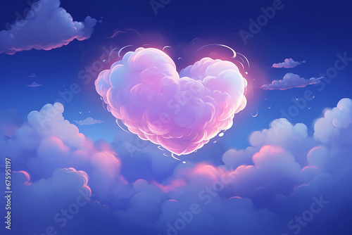 Valentine day  Shaped cloud of heart in the blue sky  fantastic hearth of cloud in the neon color style  Love concept