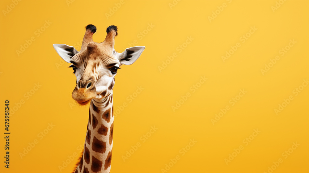 A giraffe on a yellow background - obrazy, fototapety, plakaty 