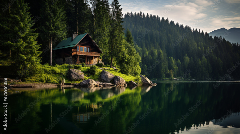 A lonely house on the shore of a lake in the forest