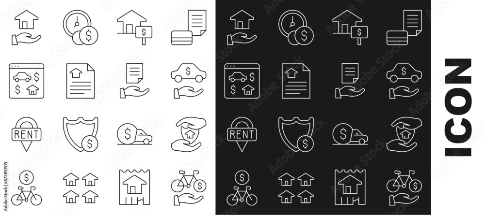 Set line Bicycle rental mobile app, House with shield, Car, dollar, contract, Online real estate, Realtor and icon. Vector Set line Bicycle rental mobile app, House with shield, Car, dollar, contract, Online real estate, Realtor and icon. Vector