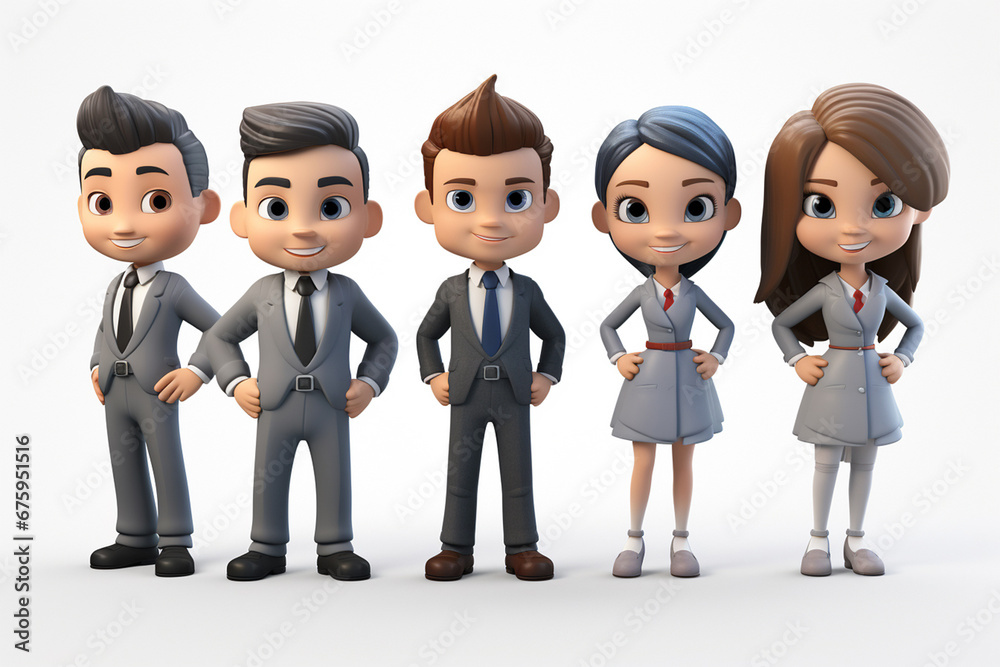 3D cartoon businesspeople team stands in front of a white background, dressed in professional business suits. Generative AI. 3D cartoon businesspeople team stands in front of a white background, dressed in professional business suits. Generative AI.