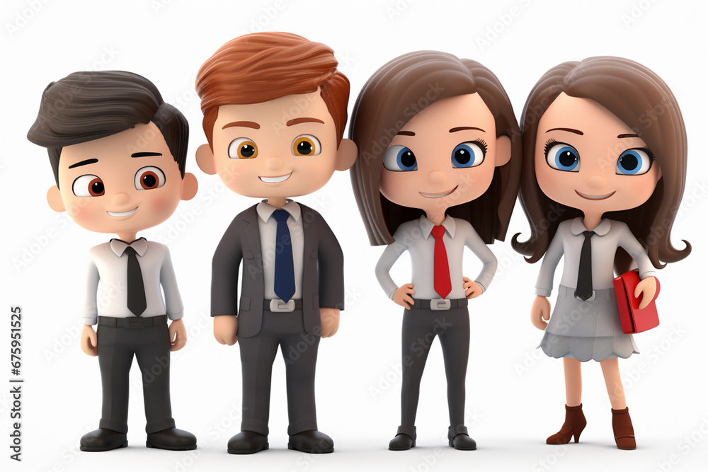 3D cartoon businesspeople team stands in front of a white background, dressed in professional business suits. Generative AI. 3D cartoon businesspeople team stands in front of a white background, dressed in professional business suits. Generative AI.